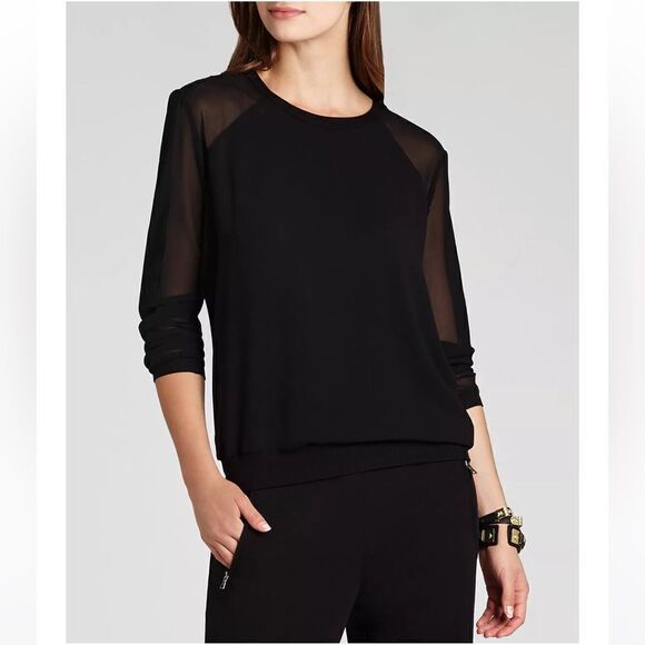 BCBG Max Azria Aliah Sheer Sleeve Top Black Size XXS - Picture 1 of 12
